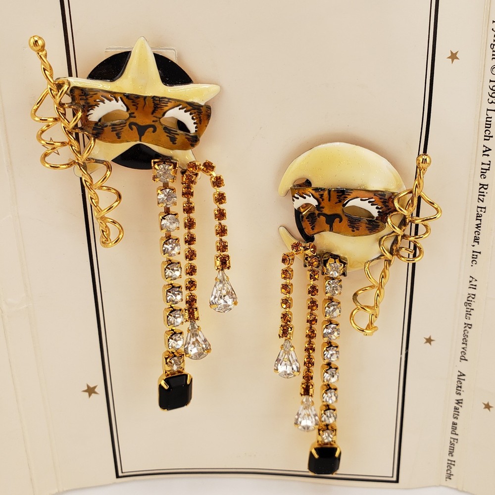 Lunch At The Ritz Pierced Earrings Masquerade With Moon New On Menu Card 1993