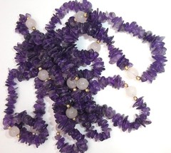 Amethyst Rose Quartz 10k Gold Spacer Beads 64” Opera Length Necklace Strand