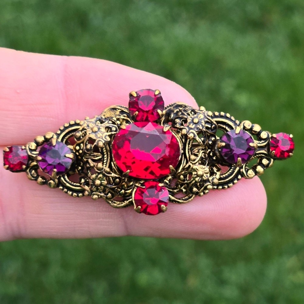 Antique Brooch Czech Glass Brass Filigree Pin Ruby Red Purple Czechoslovakia