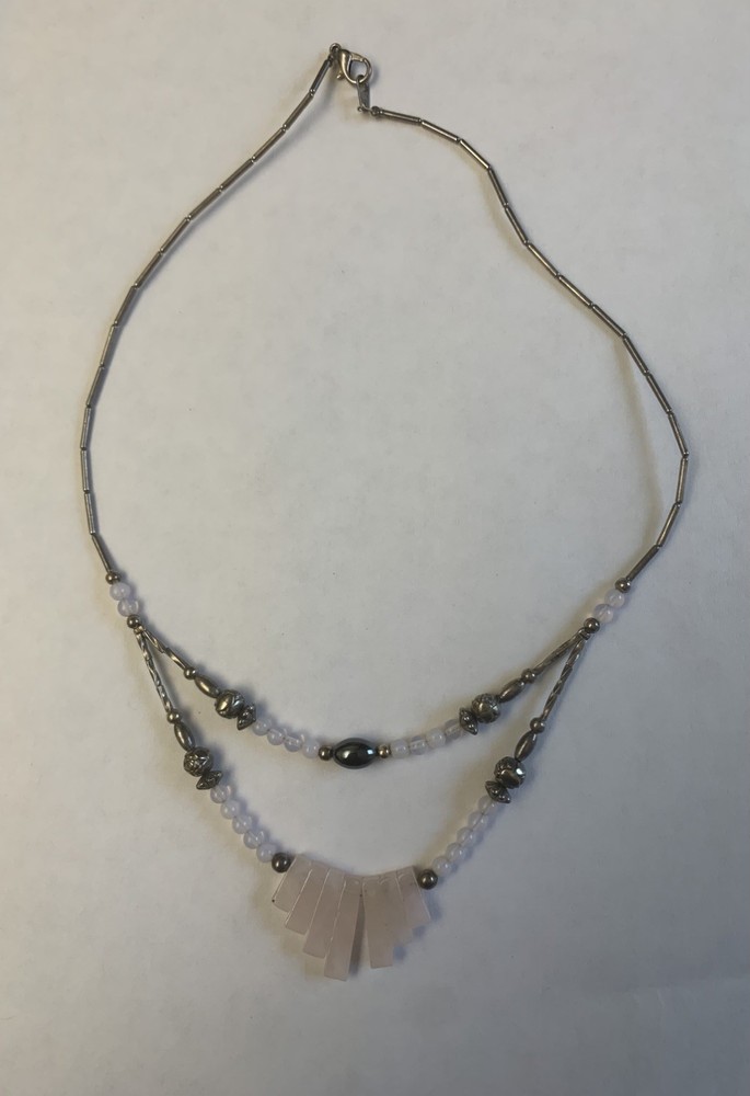 Vintage Liquid Silver Two Strand Natural Stone Rose Quartz Beaded Necklace 19”