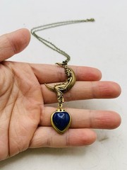 Vintage Style Goddess Crescent Moon Blue Lapis Lazuli Mini Heart Locket Necklace