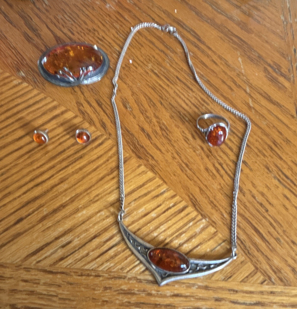 Cabochon Silver Tone Jewelry Set Necklace Ring Size 7, Brooch and Stud Earrings