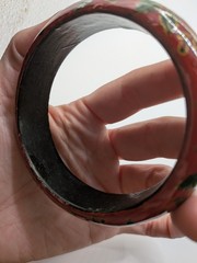 Vintage Russian Style Folk Art Hand Painted Floral Bangle Bracelet Red Laquer
