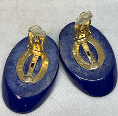 Kai-Yin Lo Signed Earrings Modernist Lapis Blue Clip-on 1.5″ Hong Kong Designer