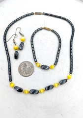Vintage Hematite 3 Pc SET Bracelet Earrings NecklaceYellow Cats Eye Beads
