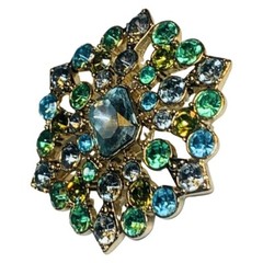 VTG Liz Claiborne Green Rhinestone Brooch Pin 2” Gold Tone Flower