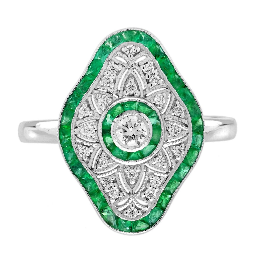 Art Deco Style Lab Created Diamond & Emerald Engagement 14K White Gold FN Ring