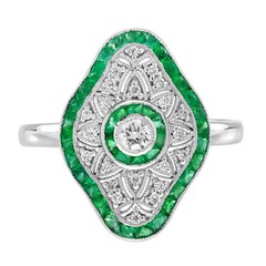 Art Deco Style Lab Created Diamond & Emerald Engagement 14K White Gold FN Ring