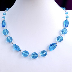 Blue Glass Necklace 20″ Vintage Glass Czech Beads Art Deco Style