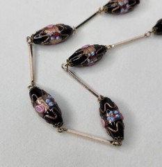 Vintage Venetian Glass Beaded Necklace Black Pink Blue Lampwork Beads Gold Tone