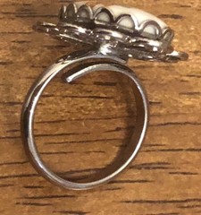 Silver Tone White Oval Acrylic Stone W/Flowers Accent Filigree Design Adjustable