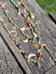 Vintage 70s Starlight Necklace Glass Beaded Celestial Stars Moon Long Brass