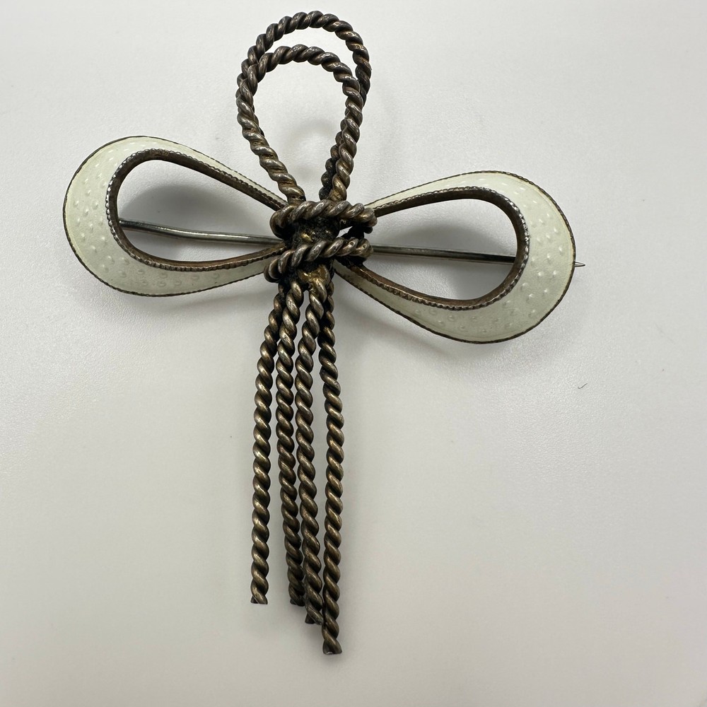 N. A. Jorgensen Norway 925 sterling silver white guilloche enamel bow brooch