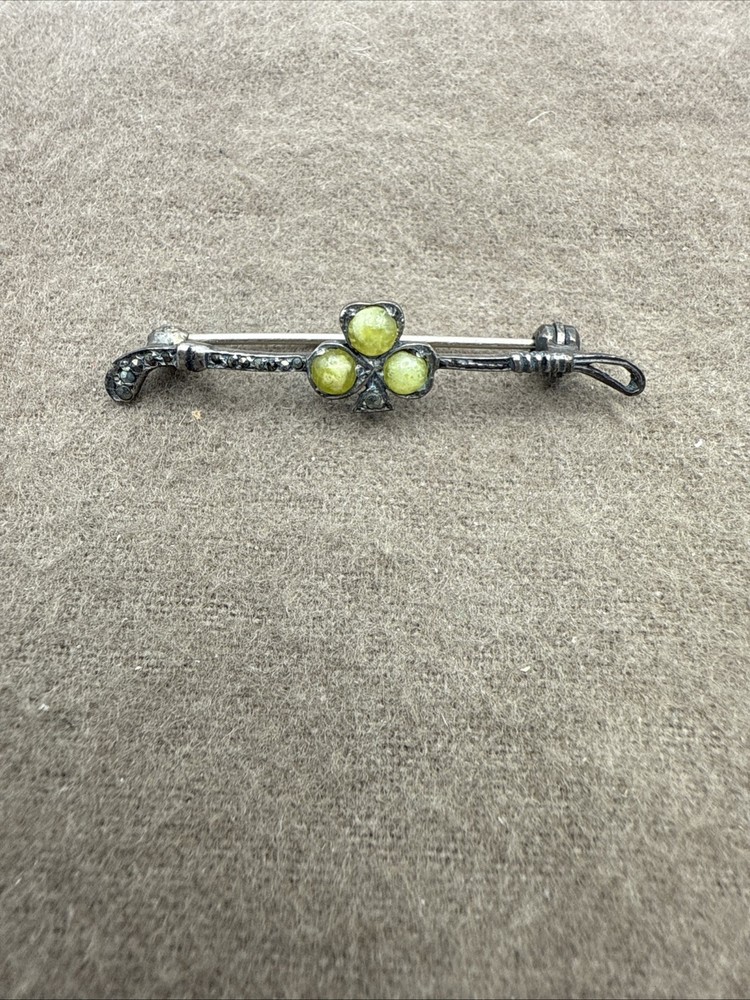 925 Sterling Silver Vintage Brooch Pin Swirl Carved Irish Peridot Clover BP10712