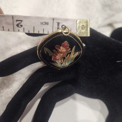 Vintage Cloisonne Enamel Floral Orchid Pendant Black Gold Tone Square 1.25 Inch