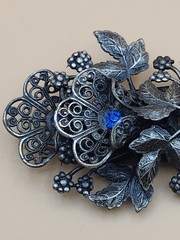 Vintage Brooch Pin Antique Metal Floral Filigree Blue Rhinestones (Czech 1940s?)