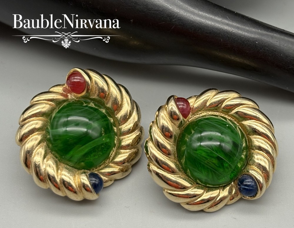 Vintage Jewels of India Gripoix Green Cable Design w/Cabochons Chunky Earrings
