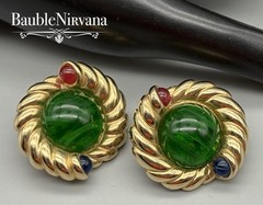 Vintage Jewels of India Gripoix Green Cable Design w/Cabochons Chunky Earrings