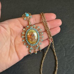 Juliana D&E Necklace Book Piece Courting Couple Transfer Cabochon Turquoise Vtg