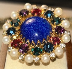 Rare Moans Couture Runway Ring Blue Art Glass Rhinestone Faux Pearl Size 5-6 80s