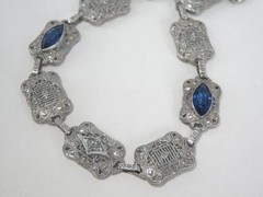 Art Deco Sterling Silver Sapphire Paste Filigree Station Antique Bracelet 7.5″