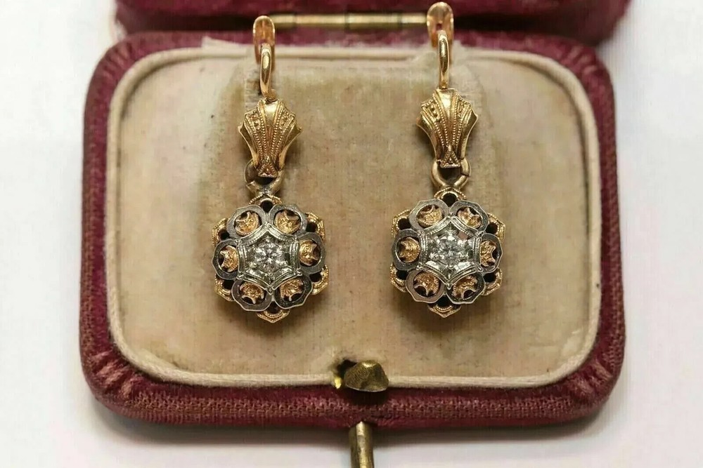 Art Deco Style Round Lab Created Diamond Wedding 14K Yellow Gold Finish Earrings