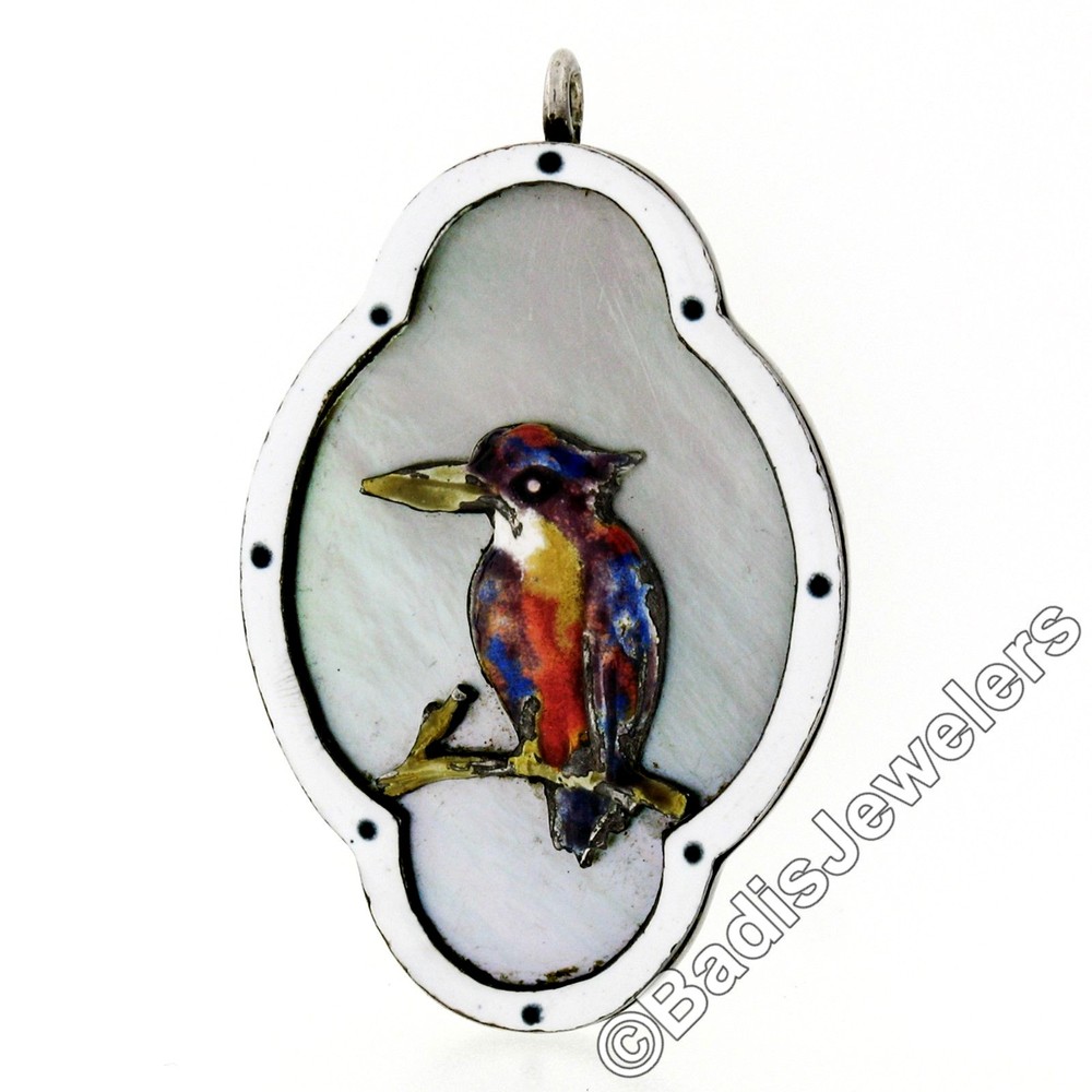 Antique .925 Sterling Silver Enamel Bird Mother of Pearl Quatrefoil Pendant RARE