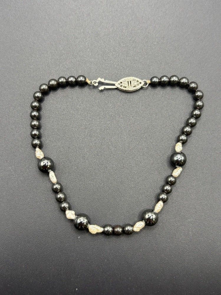 7.5″ Vintage Sterling Silver Hematite Pearl Bracelet 925 B5