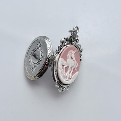 Pink Unicorn Cameo HIDDEN LOCKET Necklace, Vintage Secret Pillbox Pendant
