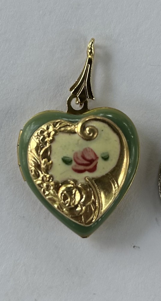 2 Vintage Enamel Heart Locket, Cornucopia, Floral 14k Gold Plated, Hand painted