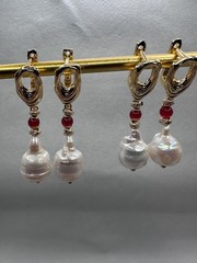 White Baroque Pearl Earrings With Carnelian Accent, Melting Lever back