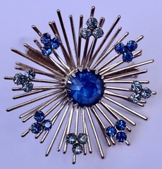 Sarah Coventry Signed “Coventry” Silver Tone Starburst Brooch Blue Rhinestones
