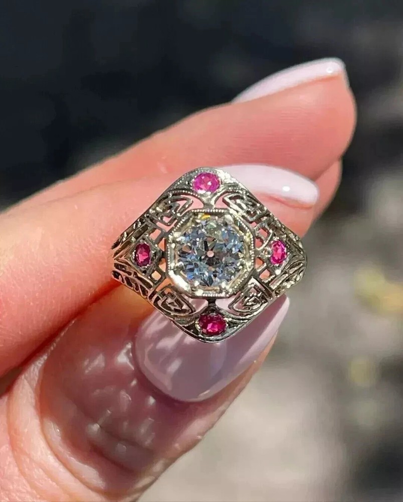 Antique Art Deco Style Round Cut CZ & Ruby Wedding Rings in 925 Sterling Silver