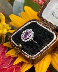 Vintage Art Deco Pink Sapphire Ring Diamond Halo Engagement Ring 925