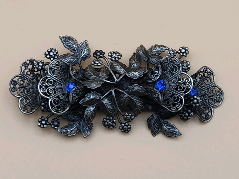 Vintage Brooch Pin Antique Metal Floral Filigree Blue Rhinestones (Czech 1940s?)