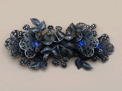 Vintage Brooch Pin Antique Metal Floral Filigree Blue Rhinestones (Czech 1940s?)