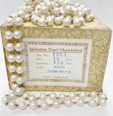 10 FEET VINTAGE HONG KONG SATIN 10mm. PEARL BRASS ROSARY CONTINUOUS CHAIN 1016