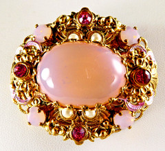 Vintage West Germany Opaline Pink Glass & Rhinestone Filigree Pin Brooch Oval