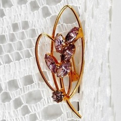 Vintage Gold Tone Leaf Brooch Pin with Purple Rhinestones 1980s Gift for Her