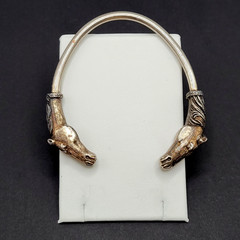 Double Horse Head Pewter Plated Copper w Patina Vintage 70s Torque Cuff Bracelet