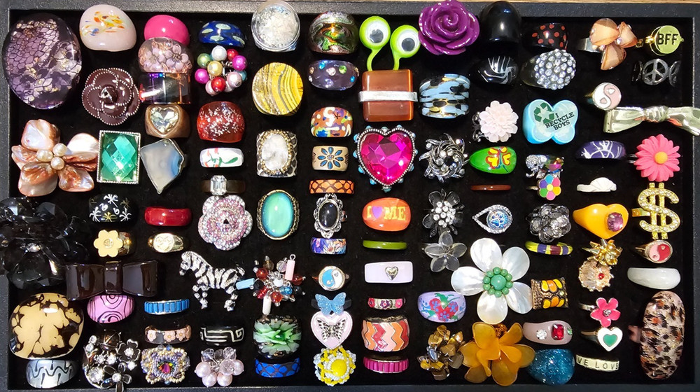 Lot of 100 Rings Retro Glass Rhinestone 1960s 1970s Vintage Groovy Boho Fun