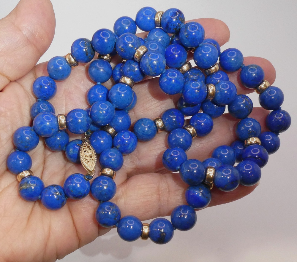 14K Gold 10mm Lapis Lazuli Beaded Necklace 106g – 32”l Opera 14K Rondelle Spacer