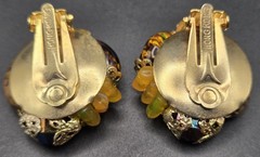 Vintage HONG KONG Clip On Earrings Amber Glass Stone Cluster Gold Tone