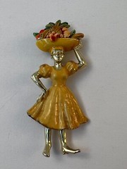 Vintage Brooch Lady Fruit Basket on Head Fruit Seller Enamel Gold Toned 1940s