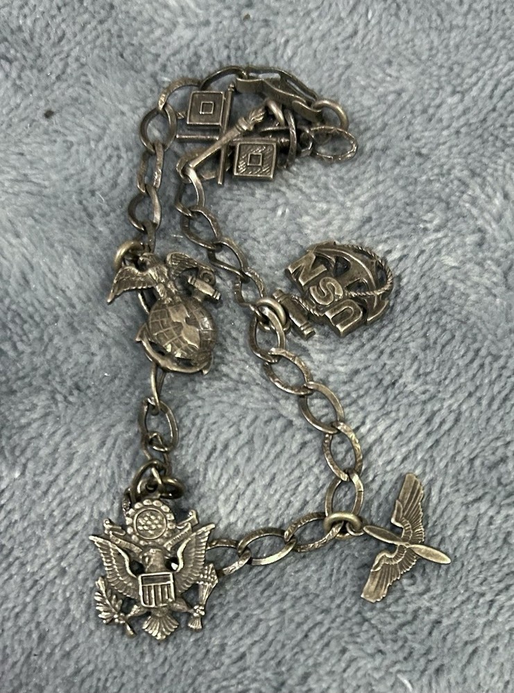 Vintage US Military Sweetheart Charm Bracelet Marked Sterling, 5 Charms 8.79gram