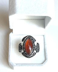 Vintage Carnelian & Marcasite Cross-Shaped Statement Ring Size Adjustable