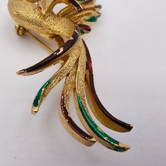 Vintage Bird Of Paradise Brooch Gold Tone Red Green Enamel Rhinestone Tropical