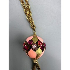 Vintage Gold Tone Orb Pendant Necklace Pink Enamel Rhinestone Tassel 28 Inch
