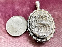 Antique English Victorian Sterling Silver Locket Pendant with Bird Cattails