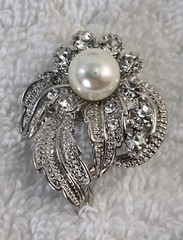 Vintage Silver Leaf Faux Pearl Flower Brooch with Rhinestones 1.25 inch